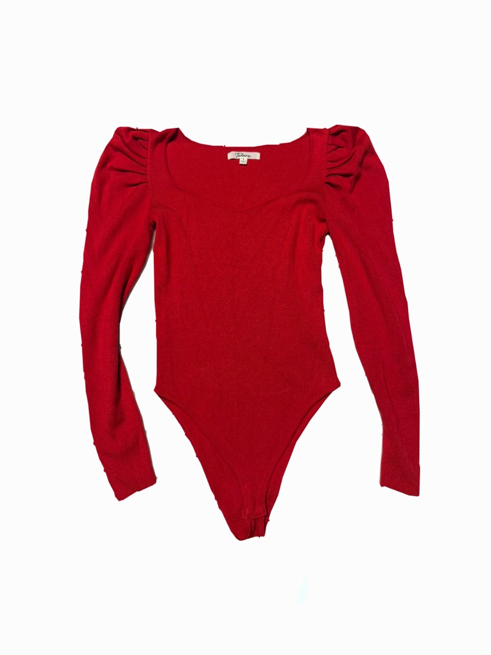 Takara Red Puff-Shoulder Ribbed Long-Sleeve Bodysuit